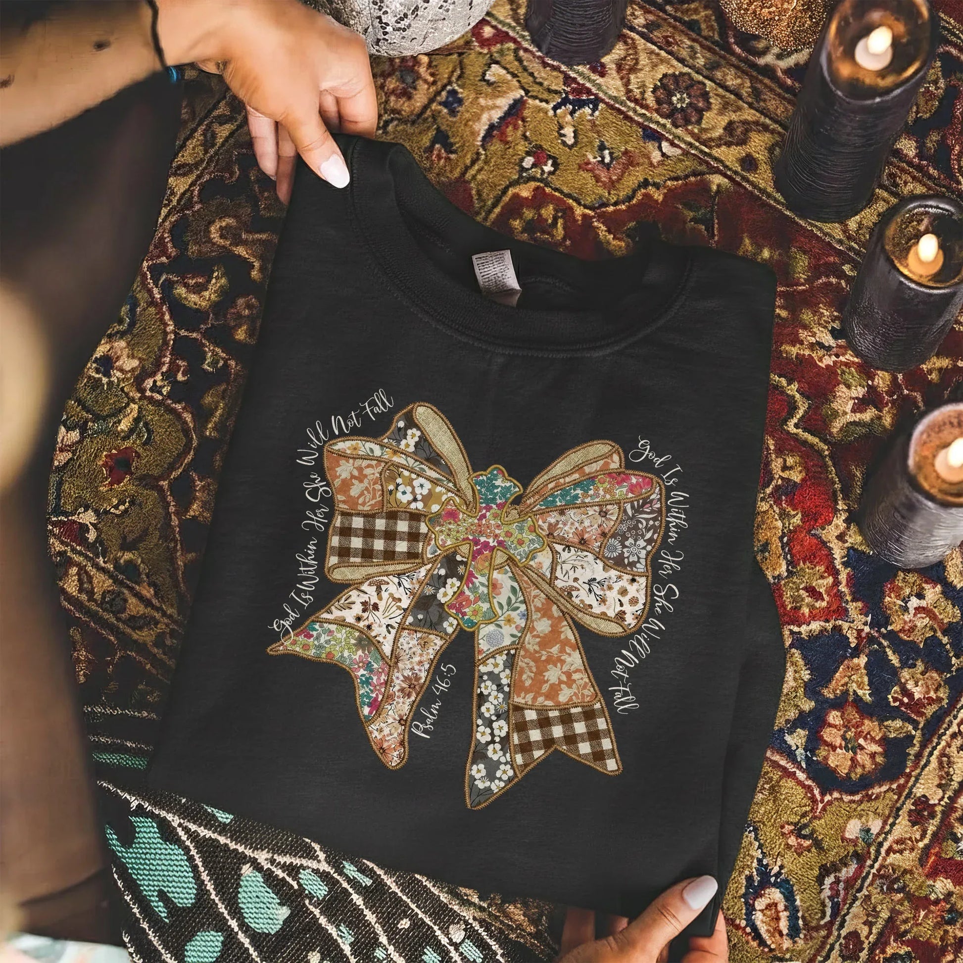 God Is Within Her Patchwork Bow Cross – Faith Floral – Unisex Tshirt / Hoodie / Sweatshirt - Faith Guided Life