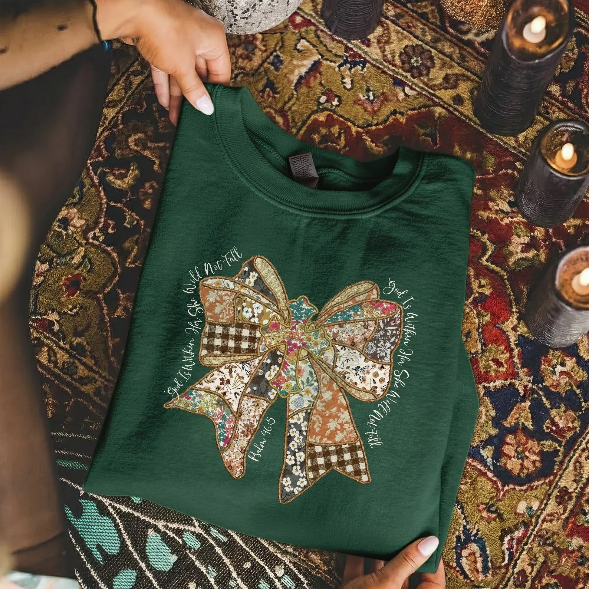 God Is Within Her Patchwork Bow Cross – Faith Floral – Unisex Tshirt / Hoodie / Sweatshirt - Faith Guided Life