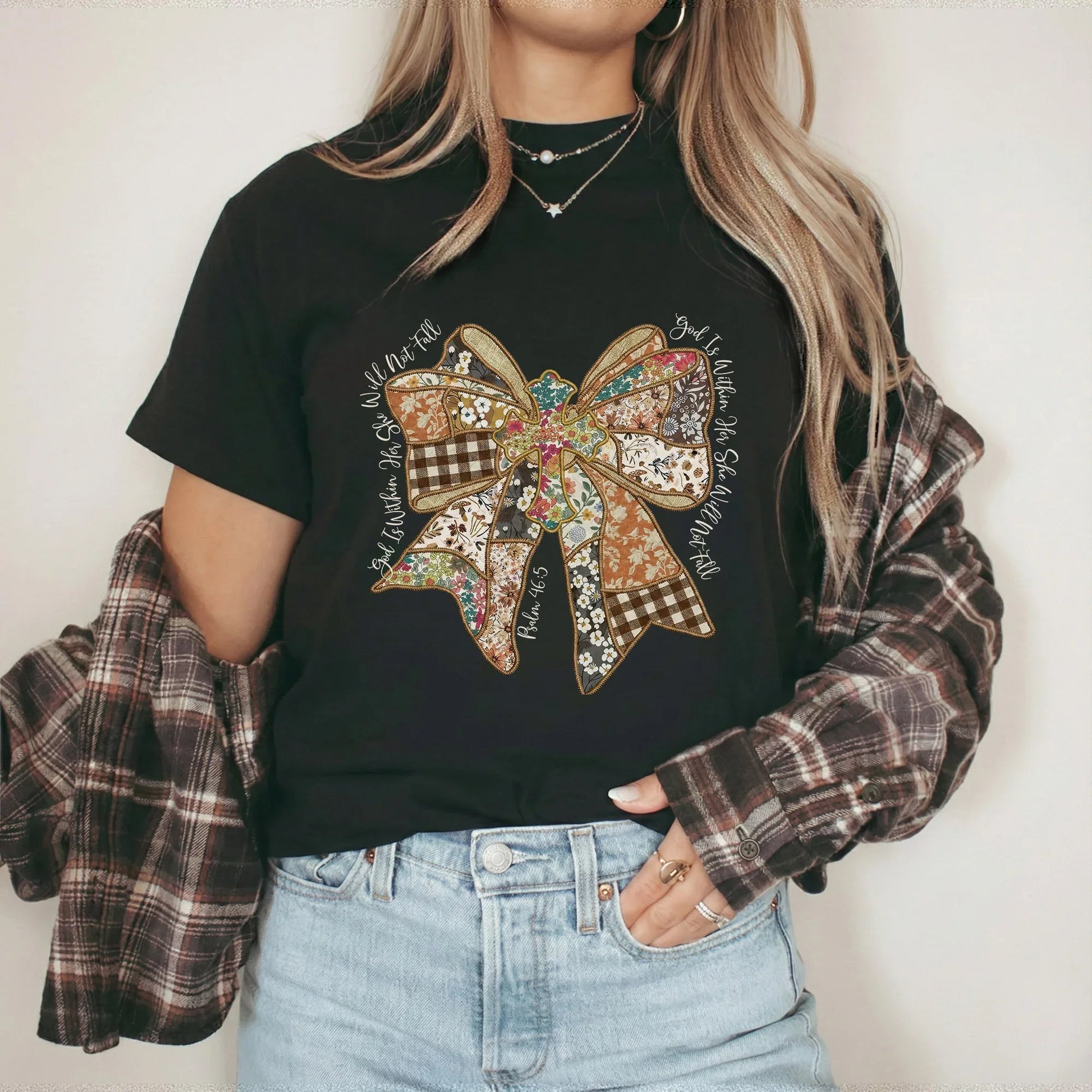 God Is Within Her Patchwork Bow Cross – Faith Floral – Unisex Tshirt / Hoodie / Sweatshirt - Faith Guided Life