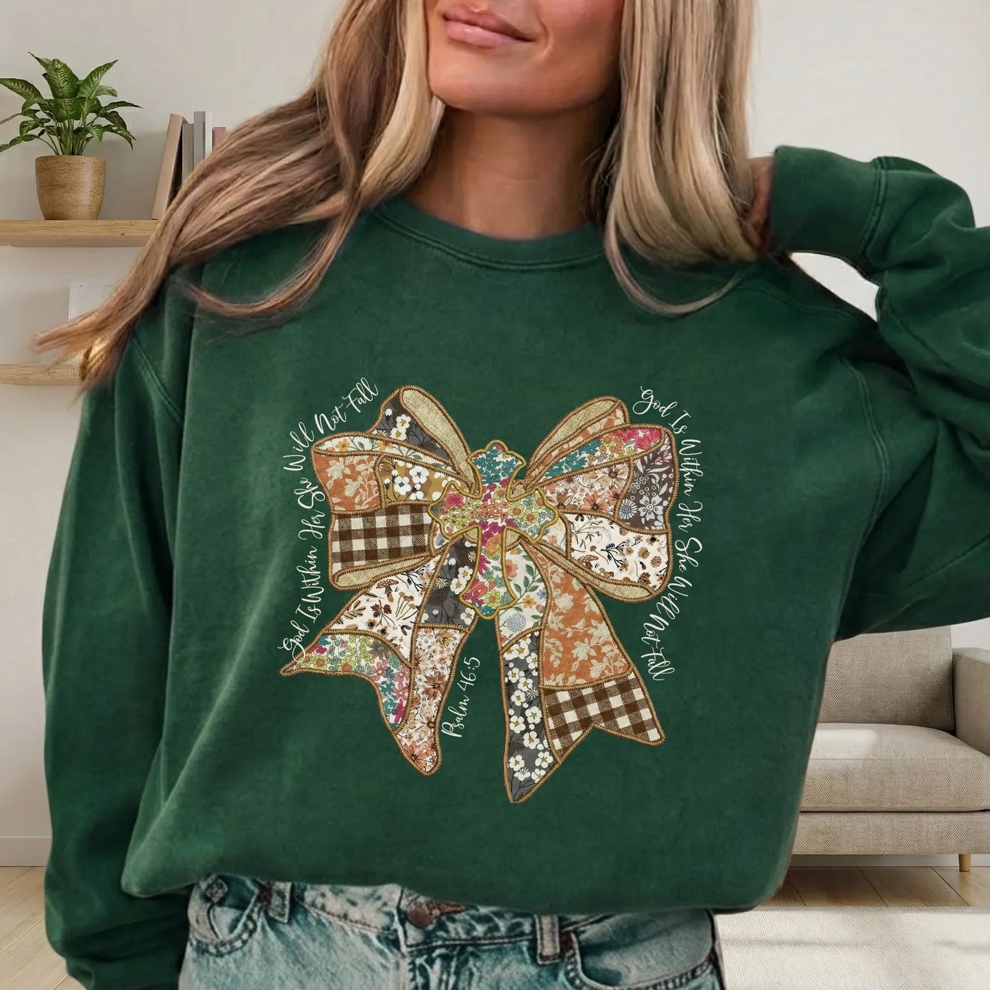 God Is Within Her Patchwork Bow Cross – Faith Floral – Unisex Tshirt / Hoodie / Sweatshirt - Faith Guided Life