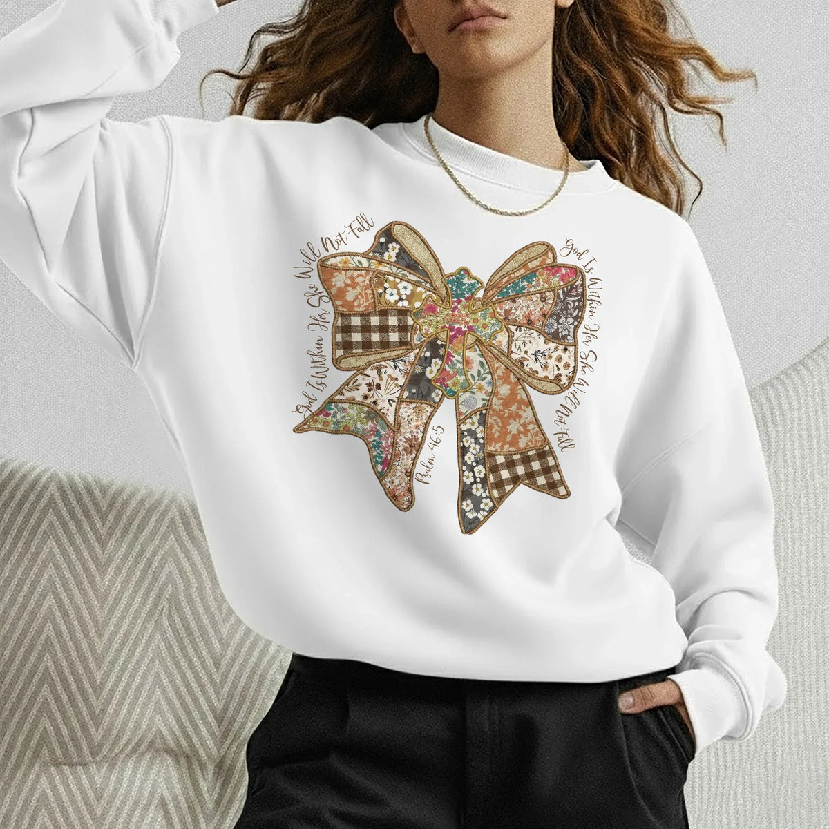 God Is Within Her Patchwork Bow Cross – Faith Floral – Unisex Tshirt / Hoodie / Sweatshirt - Faith Guided Life