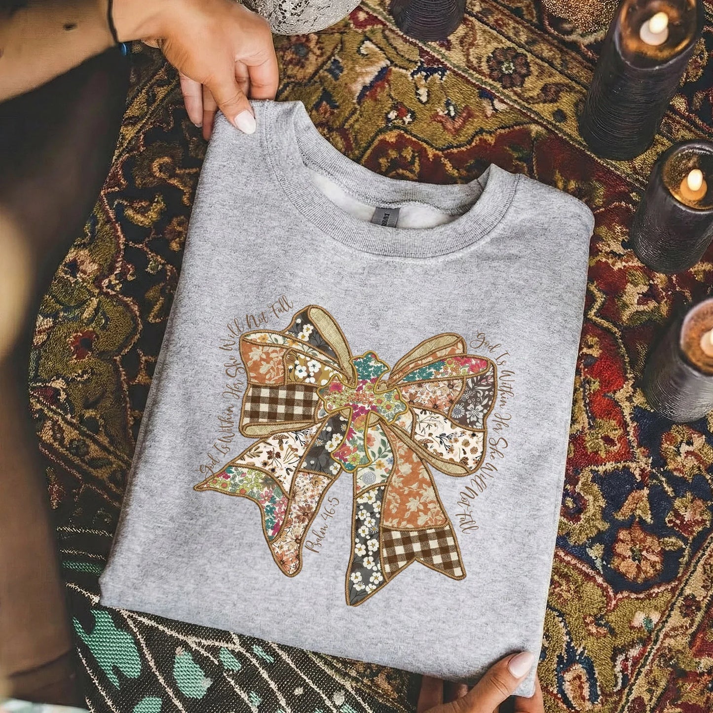 God Is Within Her Patchwork Bow Cross – Faith Floral – Unisex Tshirt / Hoodie / Sweatshirt - Faith Guided Life