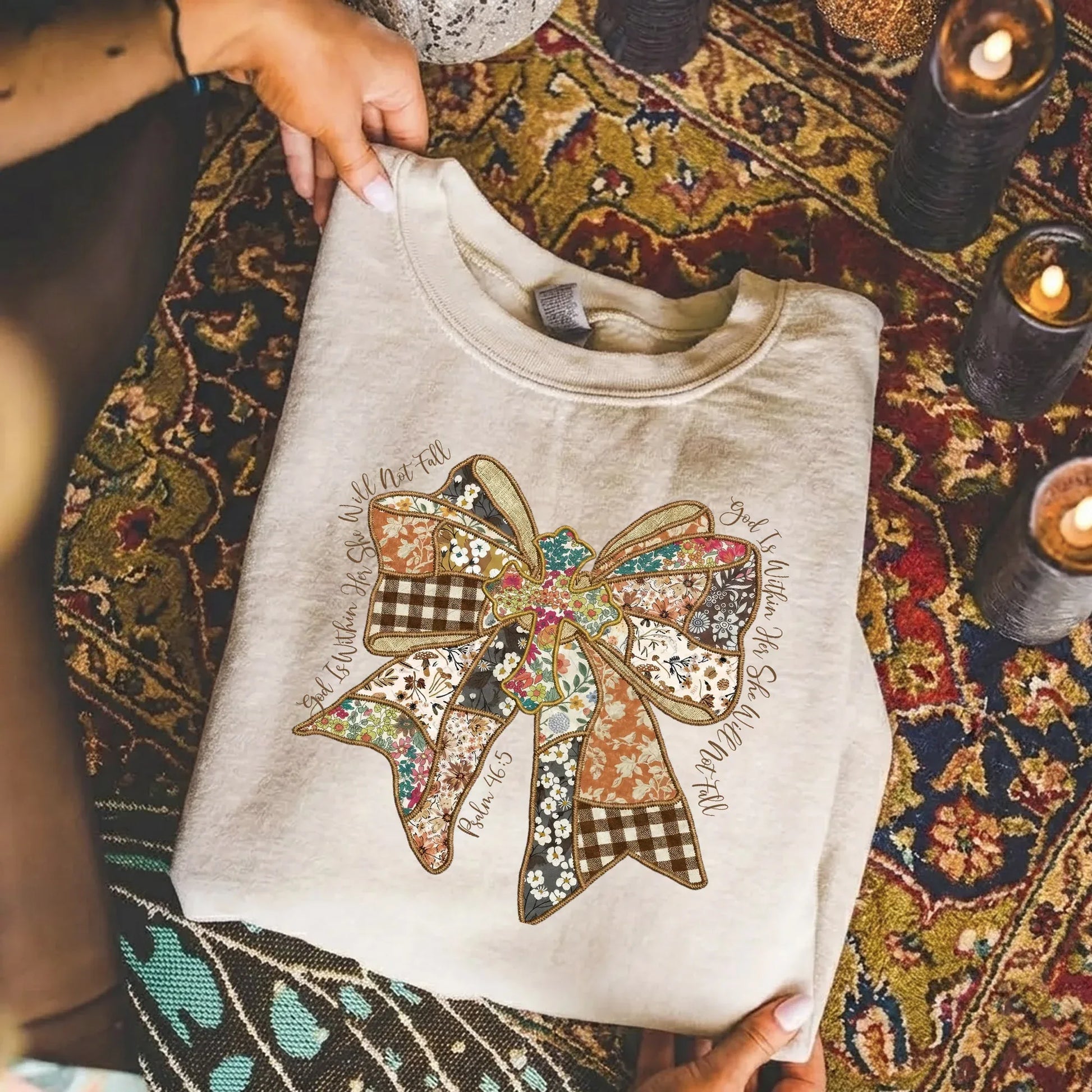 God Is Within Her Patchwork Bow Cross – Faith Floral – Unisex Tshirt / Hoodie / Sweatshirt - Faith Guided Life