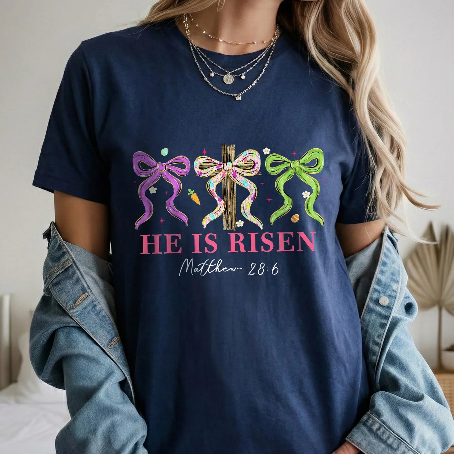 [COMFORT T-SHIRT] He Is Risen Floral Bow Cross – He is Risen - Faith Guided Life