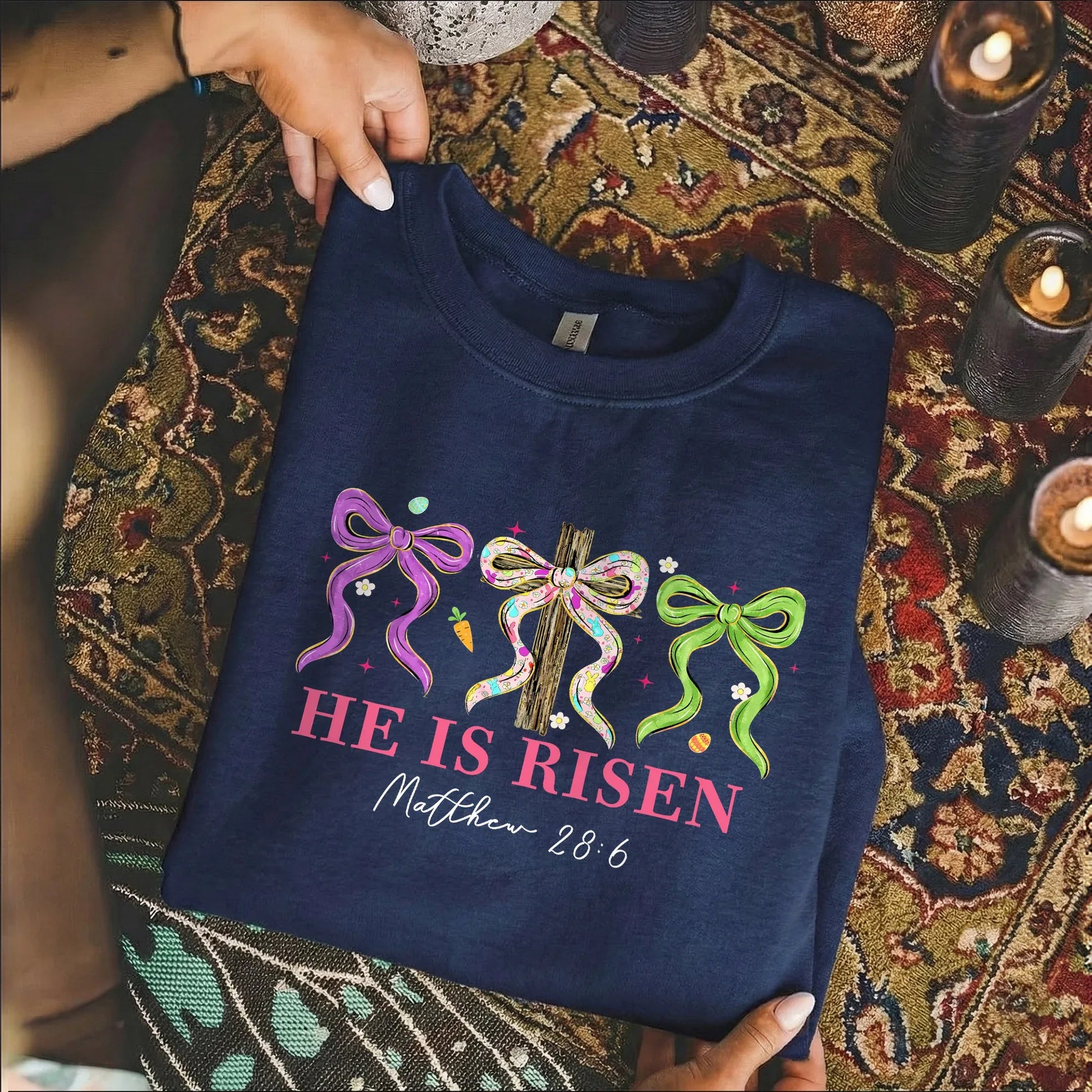 [COMFORT T-SHIRT] He Is Risen Floral Bow Cross – He is Risen - Faith Guided Life