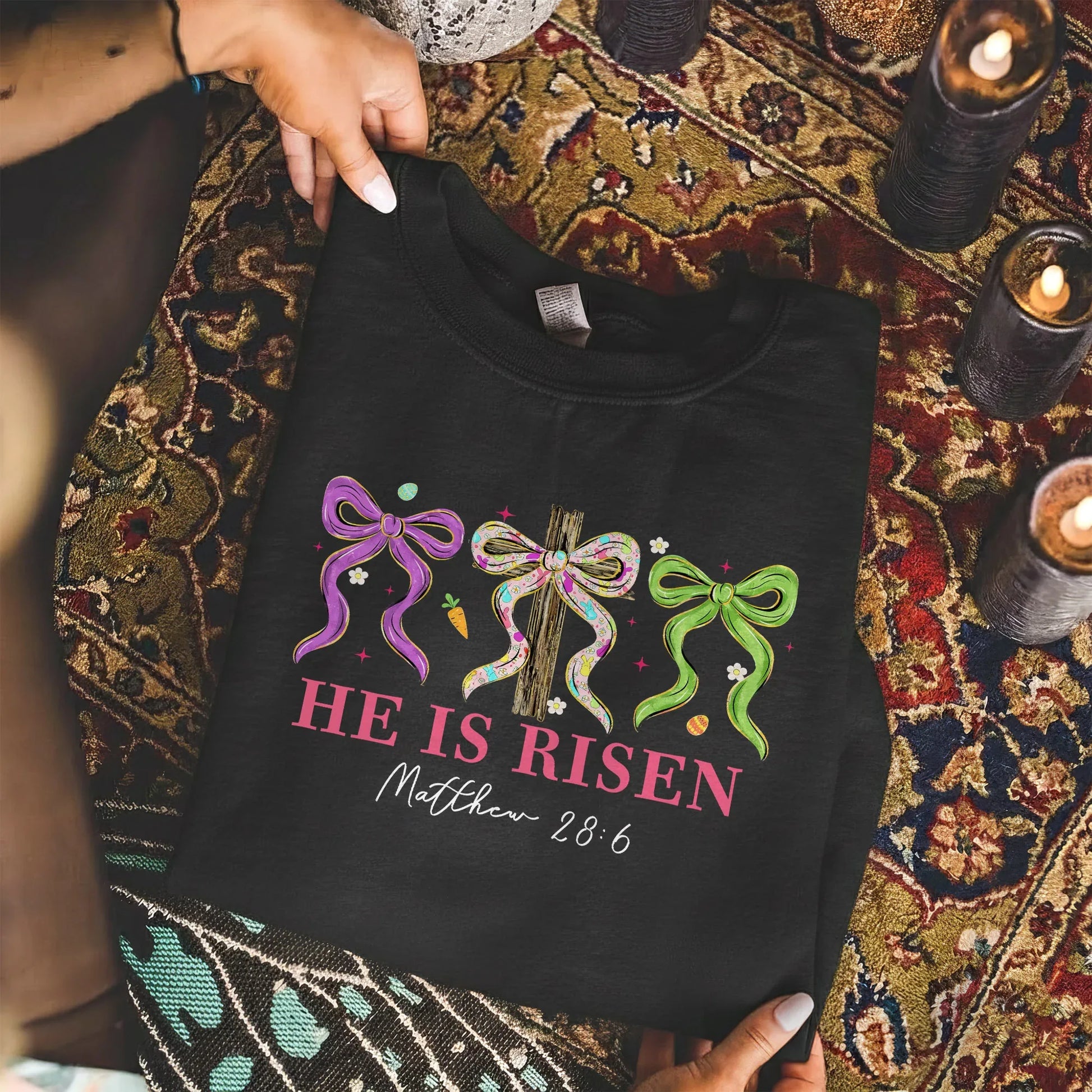 [COMFORT T-SHIRT] He Is Risen Floral Bow Cross – He is Risen - Faith Guided Life