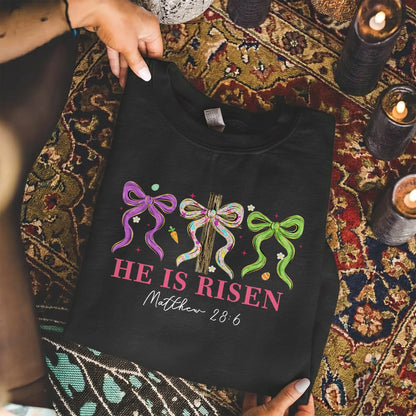 [COMFORT T-SHIRT] He Is Risen Floral Bow Cross – He is Risen - Faith Guided Life
