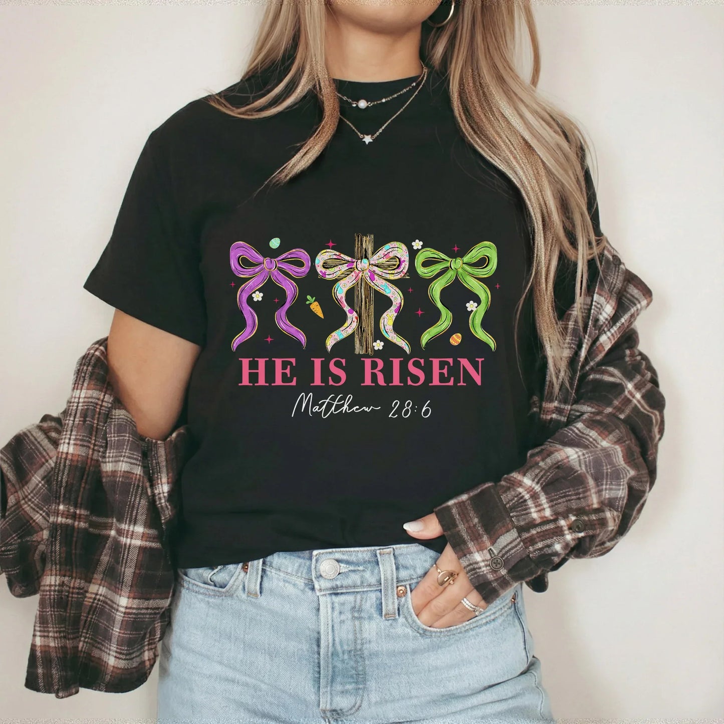 [COMFORT T-SHIRT] He Is Risen Floral Bow Cross – He is Risen - Faith Guided Life