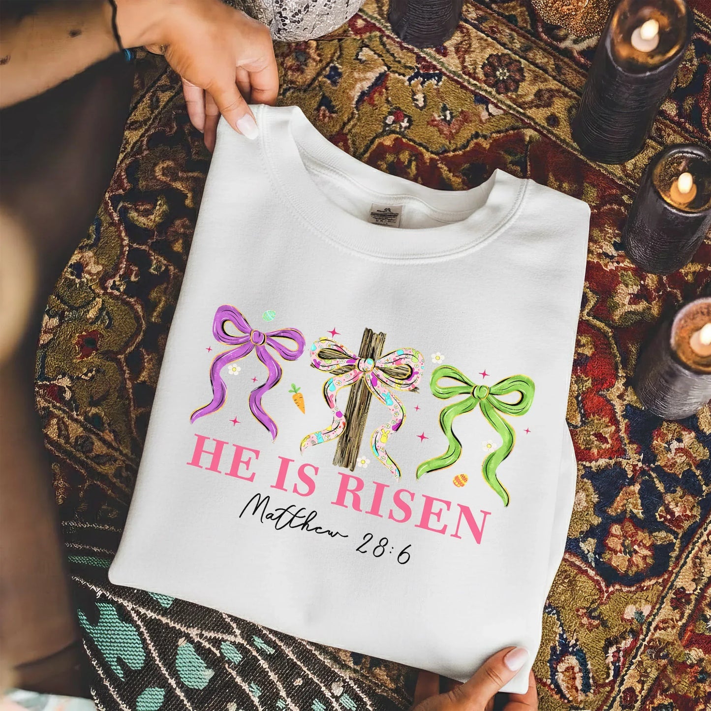[COMFORT T-SHIRT] He Is Risen Floral Bow Cross – He is Risen - Faith Guided Life