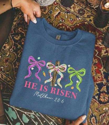 [COMFORT T-SHIRT] He Is Risen Floral Bow Cross – He is Risen - Faith Guided Life