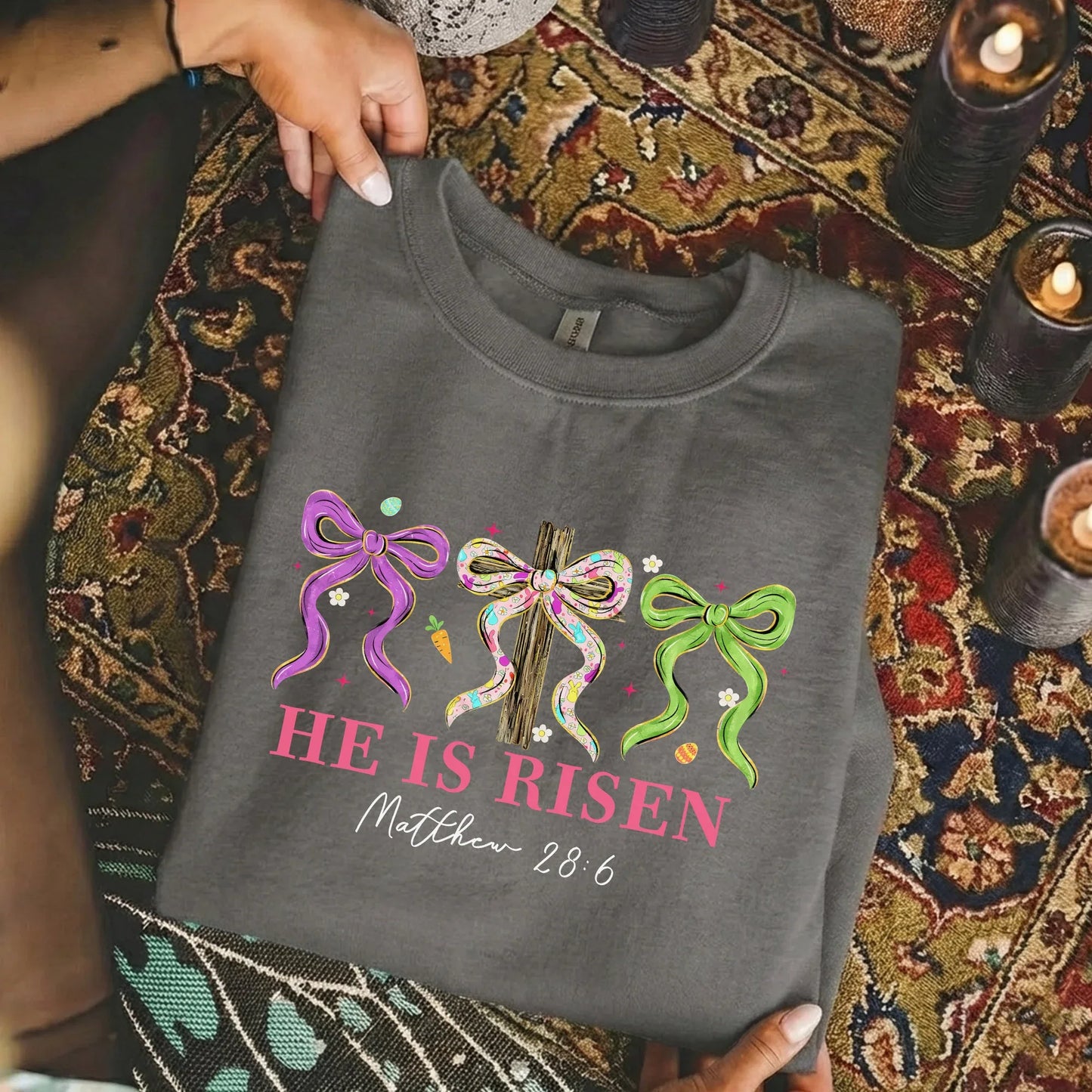 [COMFORT T-SHIRT] He Is Risen Floral Bow Cross – He is Risen - Faith Guided Life