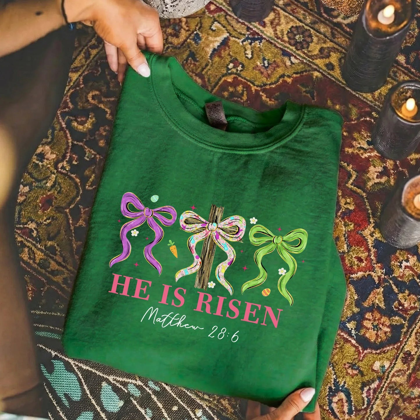 [COMFORT T-SHIRT] He Is Risen Floral Bow Cross – He is Risen - Faith Guided Life