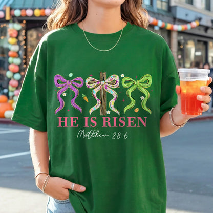 [COMFORT T-SHIRT] He Is Risen Floral Bow Cross – He is Risen - Faith Guided Life