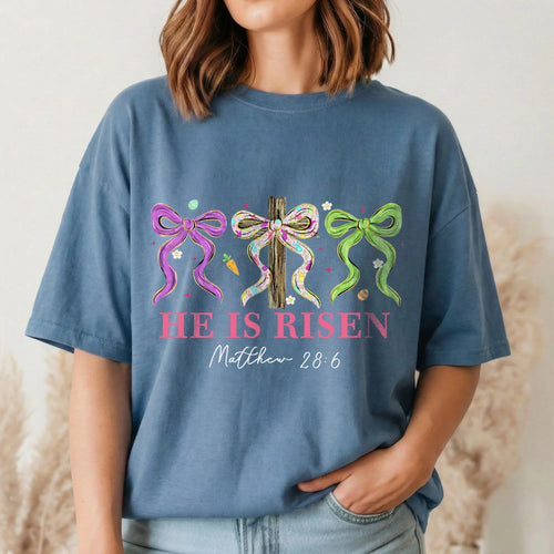 [COMFORT T-SHIRT] He Is Risen Floral Bow Cross – He is Risen - Faith Guided Life