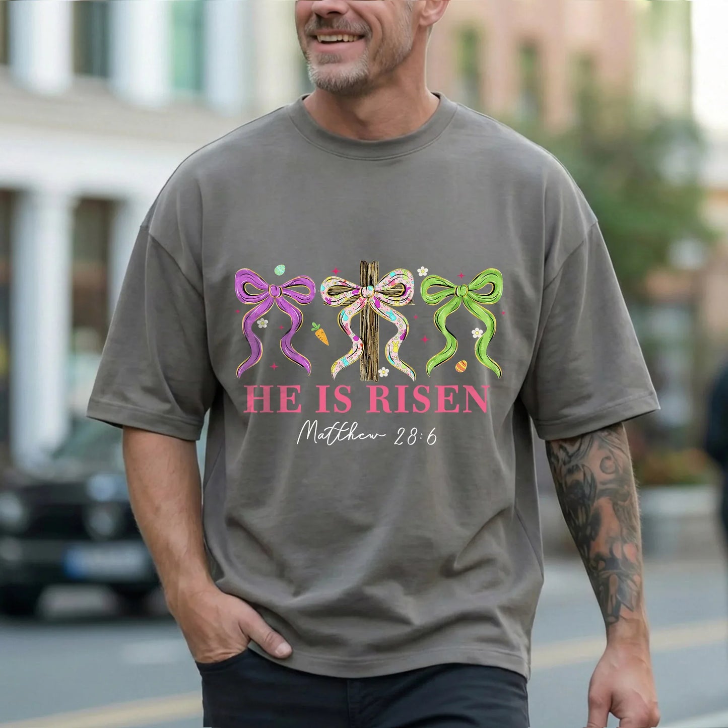 [COMFORT T-SHIRT] He Is Risen Floral Bow Cross – He is Risen - Faith Guided Life