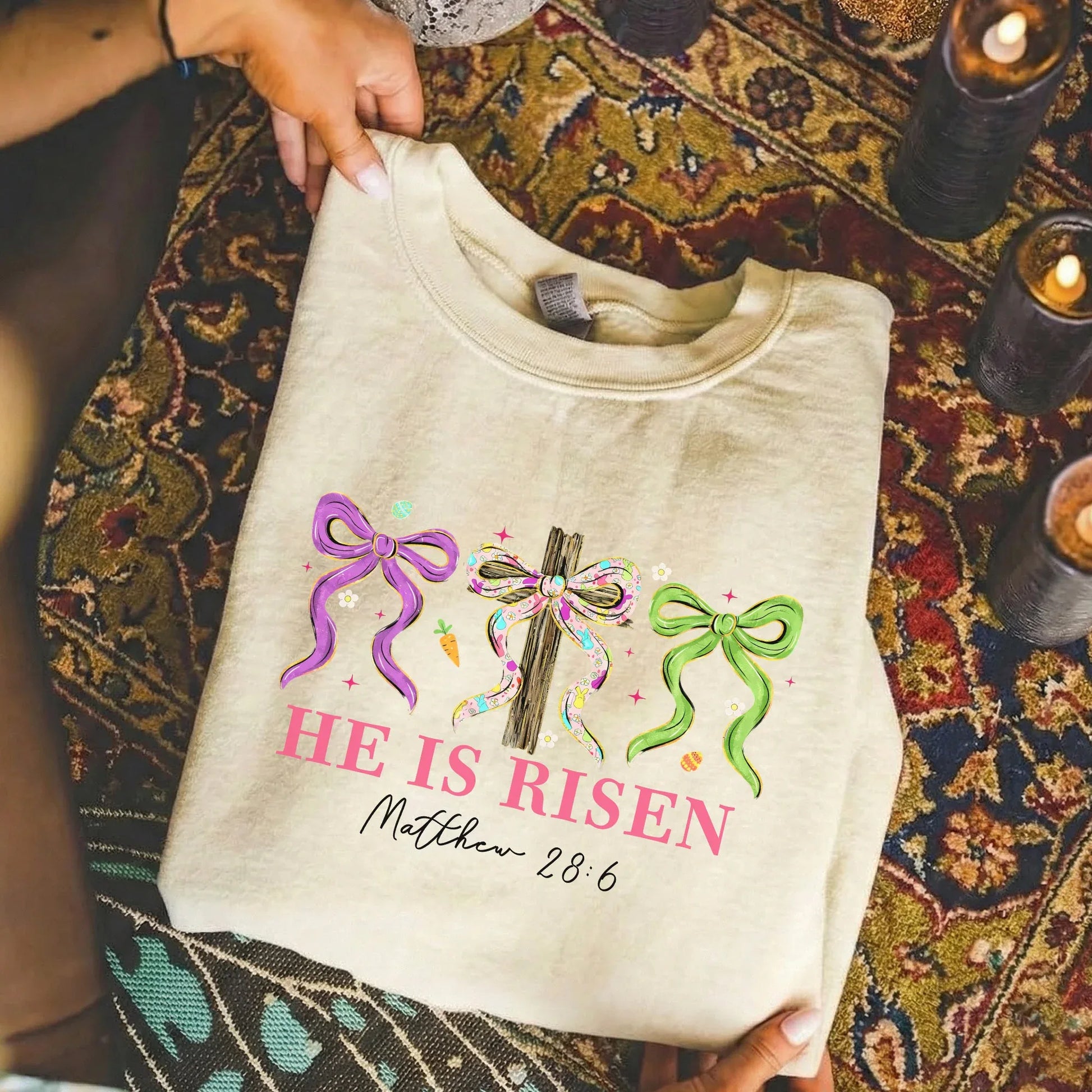 [COMFORT T-SHIRT] He Is Risen Floral Bow Cross – He is Risen - Faith Guided Life