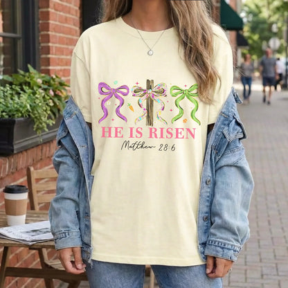 [COMFORT T-SHIRT] He Is Risen Floral Bow Cross – He is Risen - Faith Guided Life