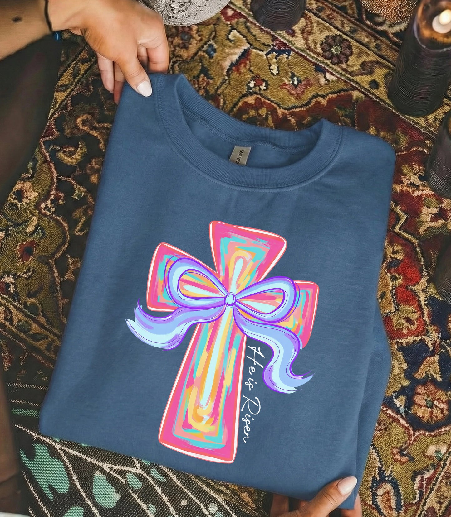 [COMFORT T-SHIRT] He Is Risen Colorful Cross Bow Design – He is Risen - Faith Guided Life