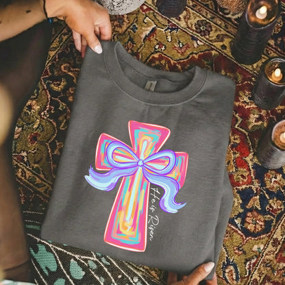 [COMFORT T-SHIRT] He Is Risen Colorful Cross Bow Design – He is Risen - Faith Guided Life