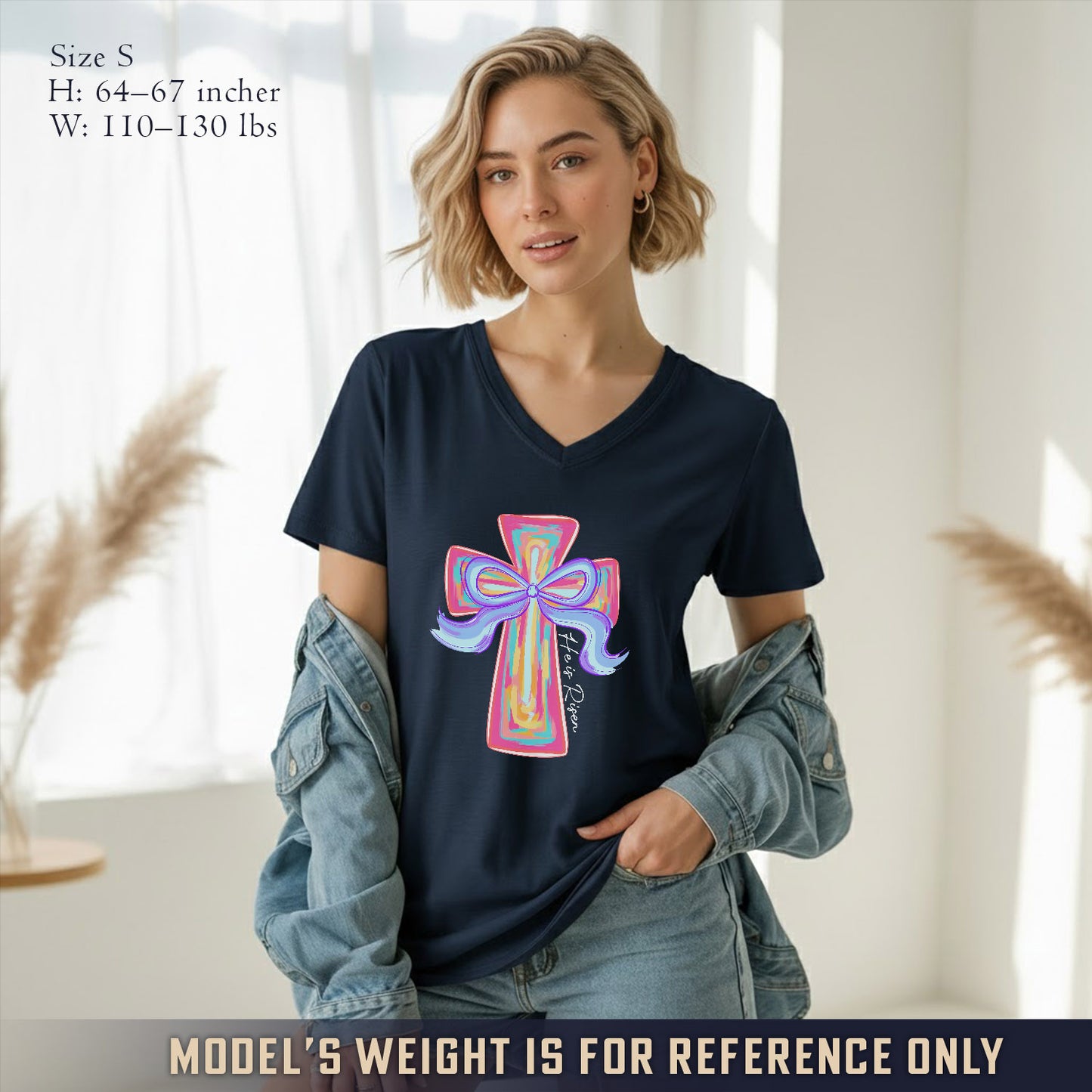 He Is Risen Colorful Cross Bow Design - V-Neck Christian Shirt
