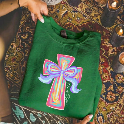 [COMFORT T-SHIRT] He Is Risen Colorful Cross Bow Design – He is Risen - Faith Guided Life
