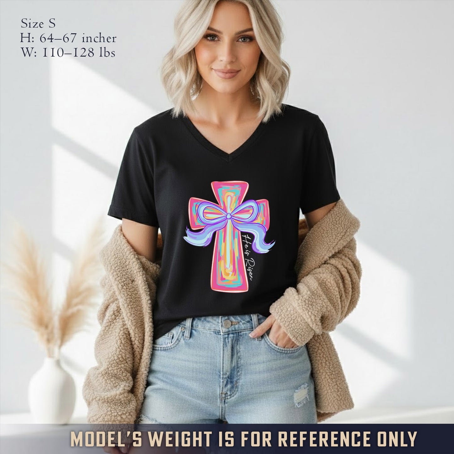 He Is Risen Colorful Cross Bow Design - V-Neck Christian Shirt