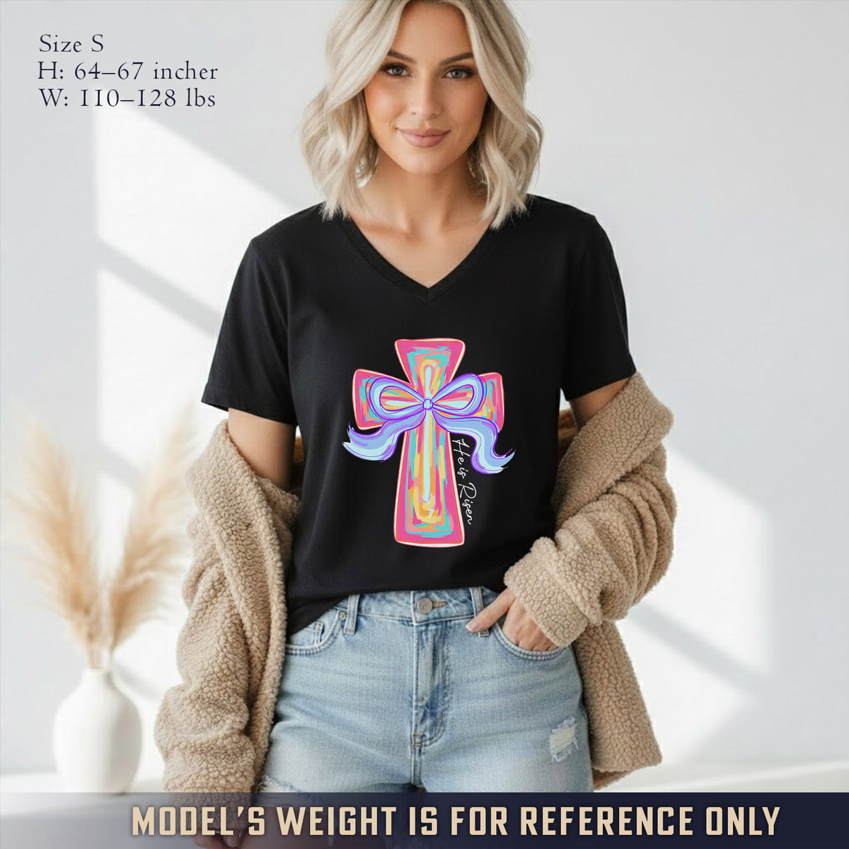 He Is Risen Colorful Cross Bow Design - V-Neck Christian Shirt