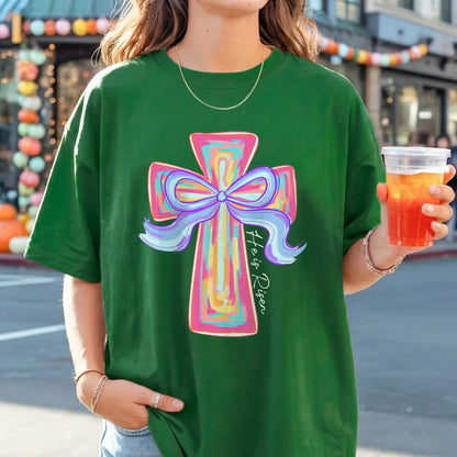[COMFORT T-SHIRT] He Is Risen Colorful Cross Bow Design – He is Risen - Faith Guided Life