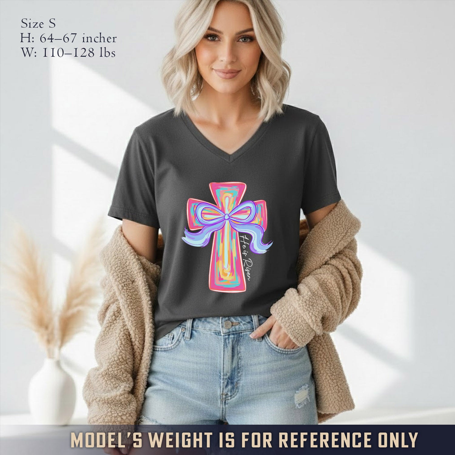 He Is Risen Colorful Cross Bow Design - V-Neck Christian Shirt