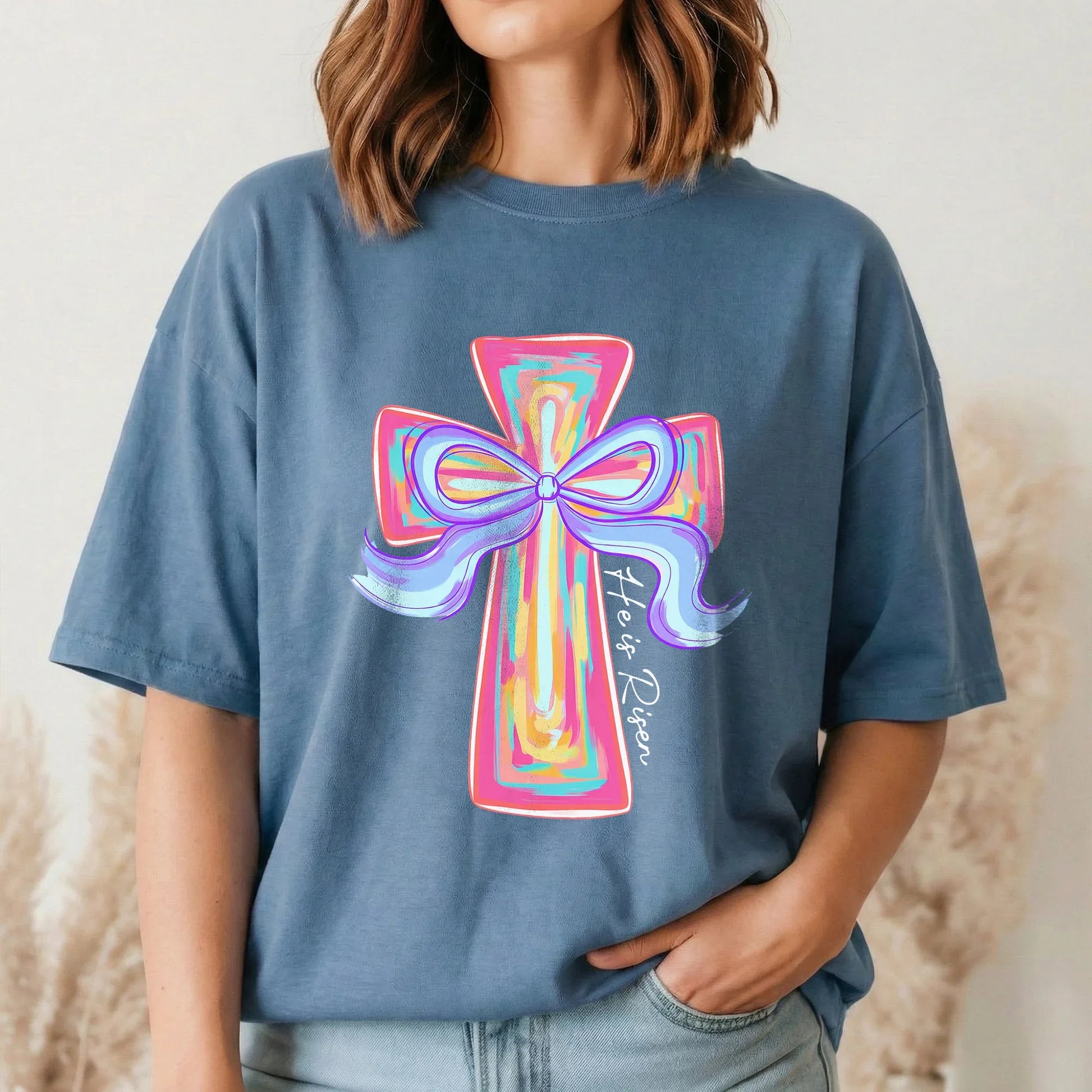 [COMFORT T-SHIRT] He Is Risen Colorful Cross Bow Design – He is Risen - Faith Guided Life