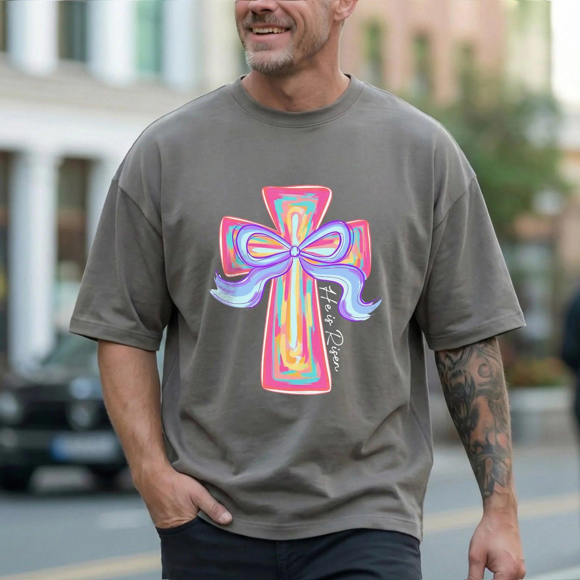 [COMFORT T-SHIRT] He Is Risen Colorful Cross Bow Design – He is Risen - Faith Guided Life