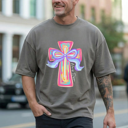 [COMFORT T-SHIRT] He Is Risen Colorful Cross Bow Design – He is Risen - Faith Guided Life