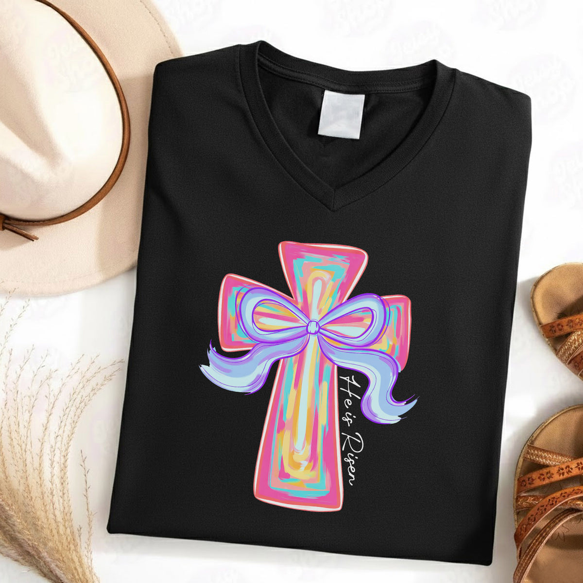 He Is Risen Colorful Cross Bow Design - V-Neck Christian Shirt