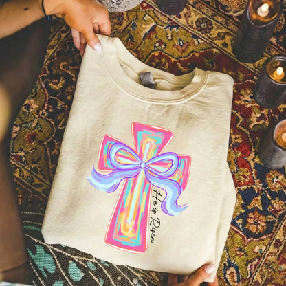 [COMFORT T-SHIRT] He Is Risen Colorful Cross Bow Design – He is Risen - Faith Guided Life
