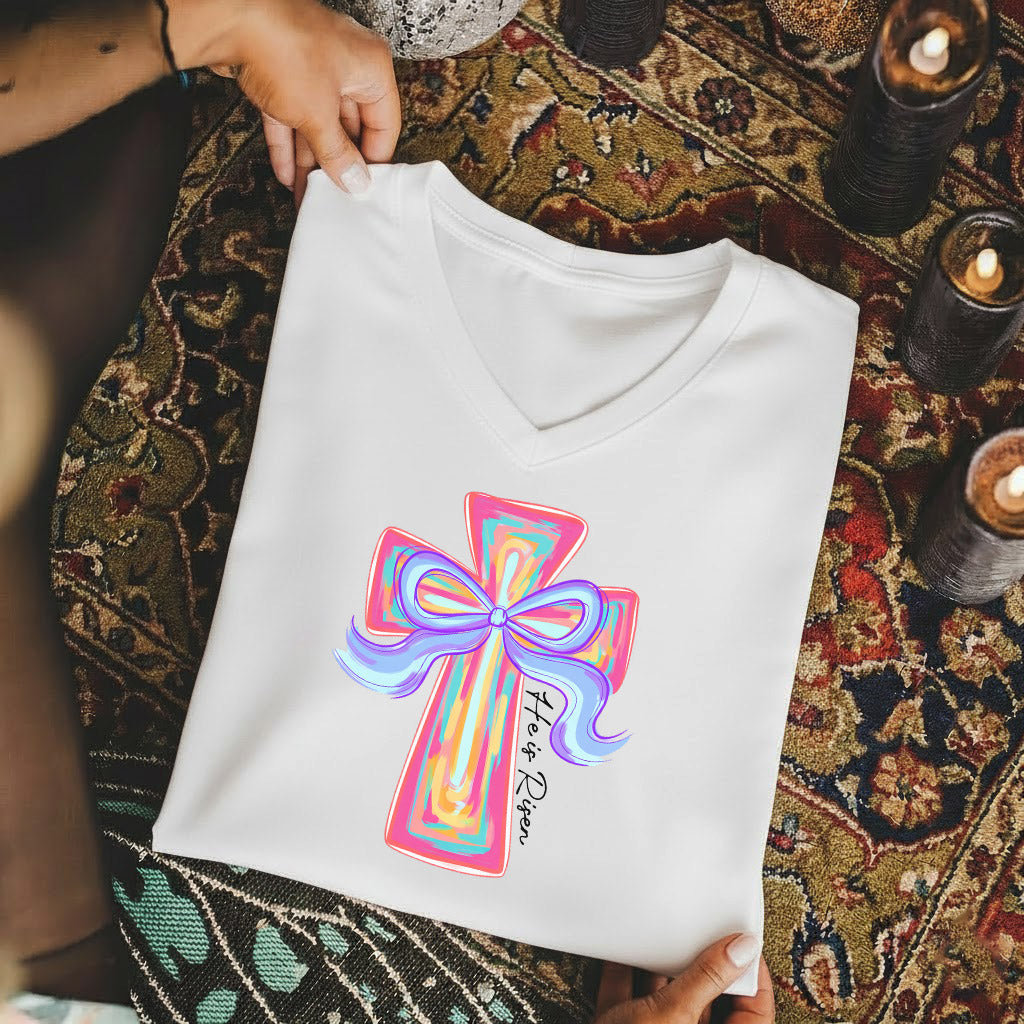 He Is Risen Colorful Cross Bow Design - V-Neck Christian Shirt
