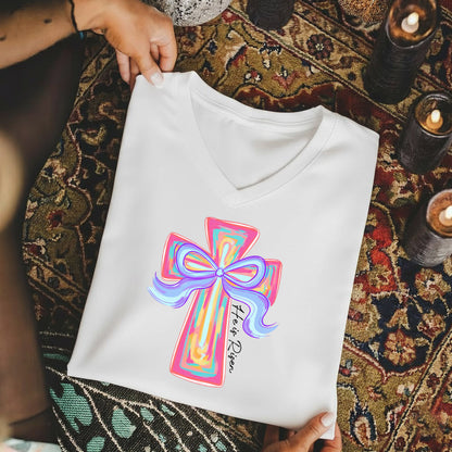 He Is Risen Colorful Cross Bow Design - V-Neck Christian Shirt