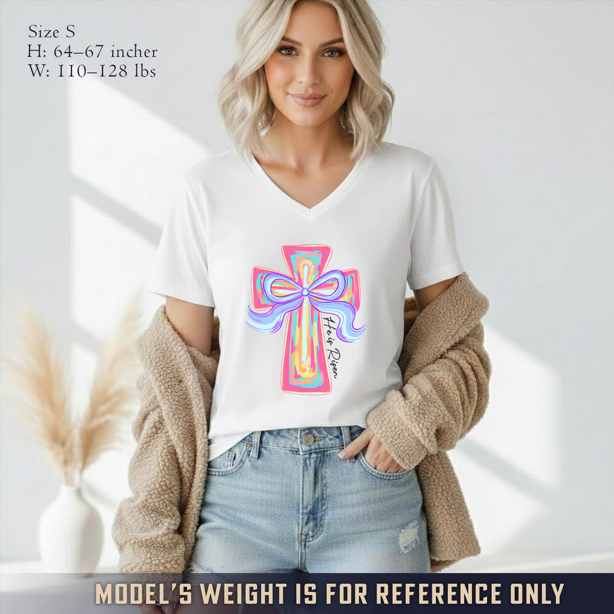 He Is Risen Colorful Cross Bow Design - V-Neck Christian Shirt