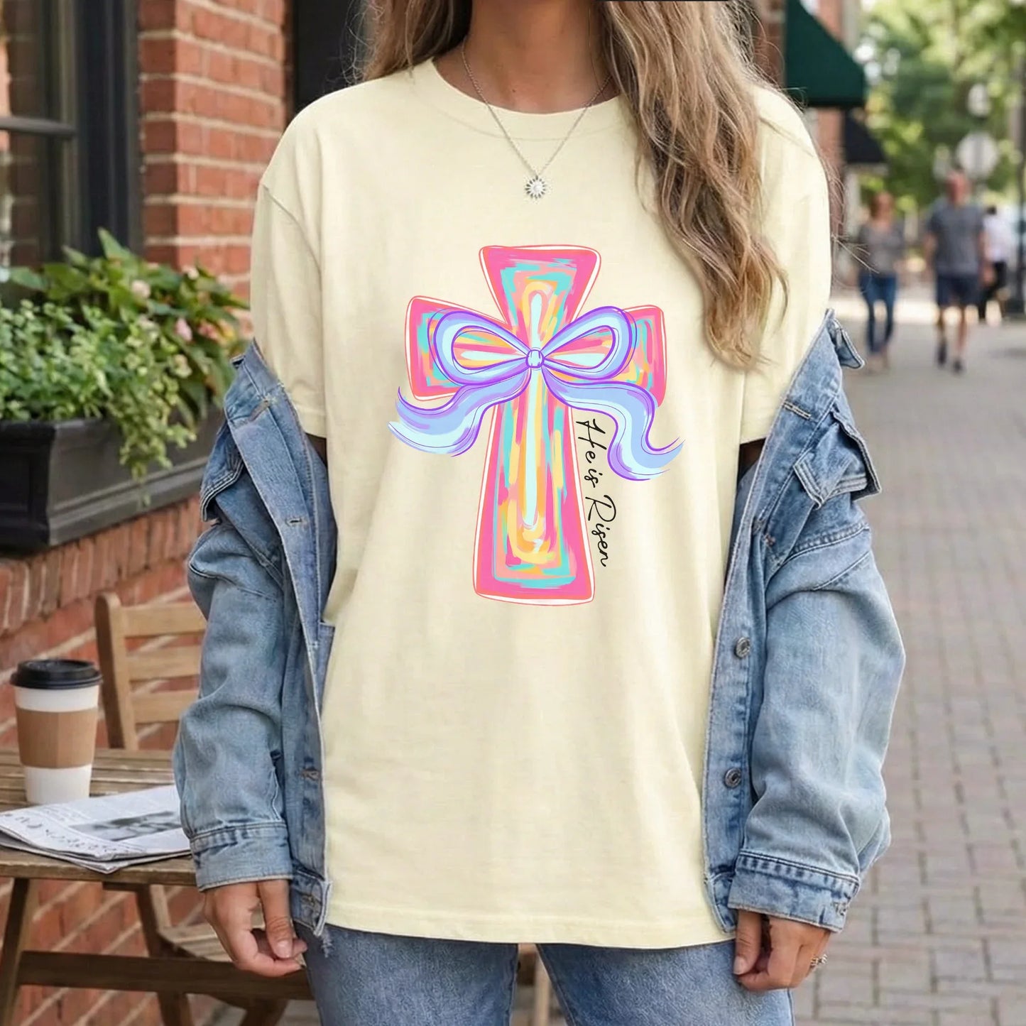 [COMFORT T-SHIRT] He Is Risen Colorful Cross Bow Design – He is Risen - Faith Guided Life