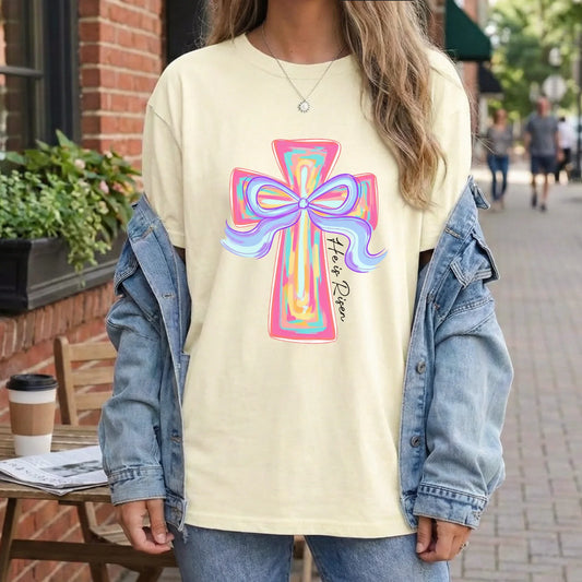 [COMFORT T-SHIRT] He Is Risen Colorful Cross Bow Design – He is Risen - Faith Guided Life
