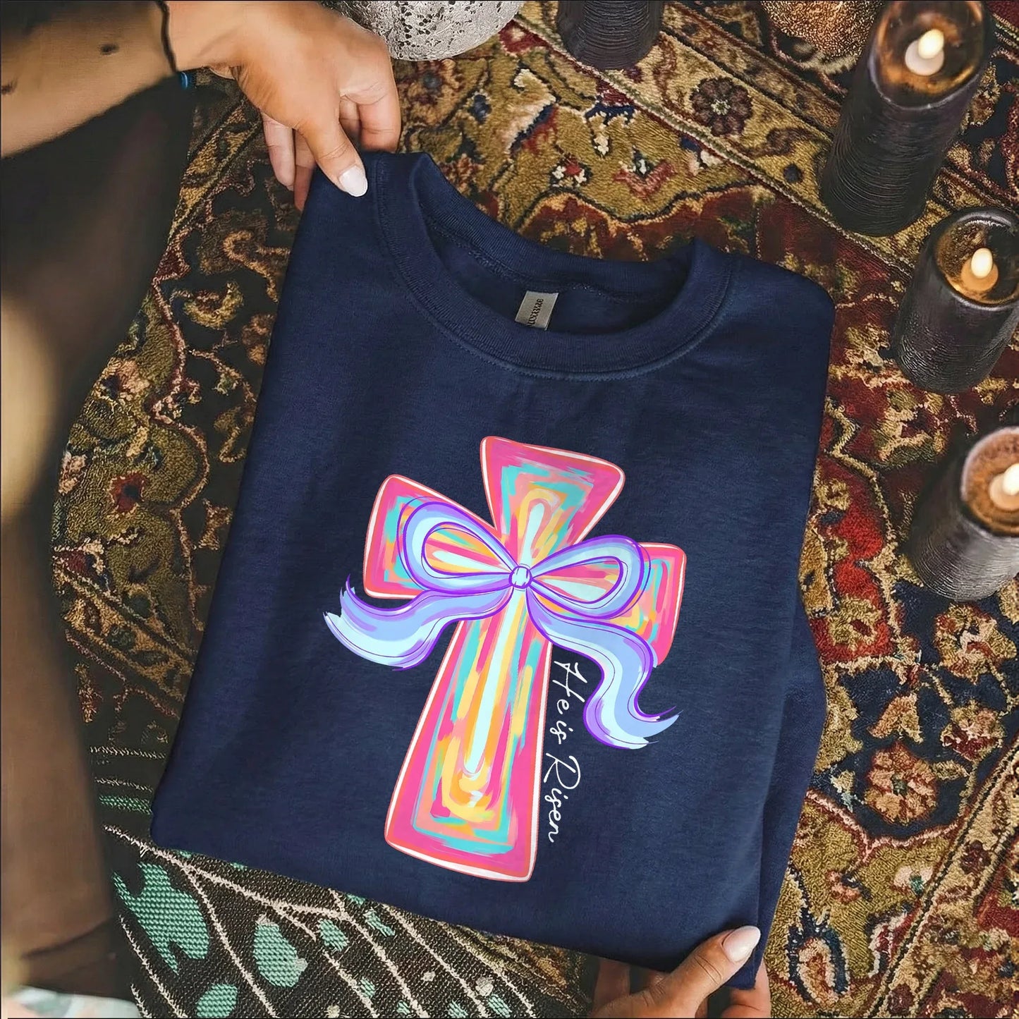 [COMFORT T-SHIRT] He Is Risen Colorful Cross Bow Design – He is Risen - Faith Guided Life