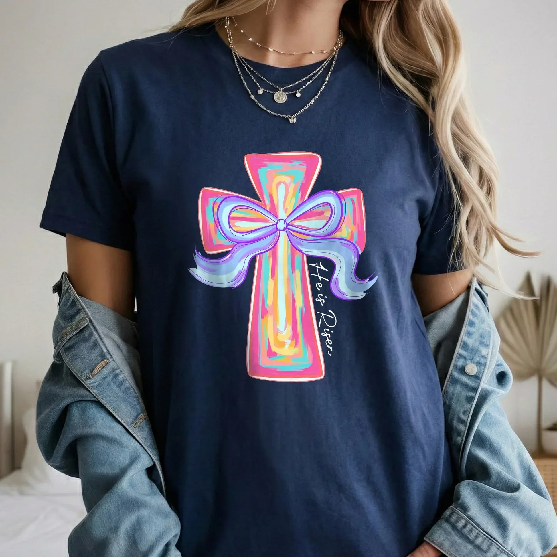 [COMFORT T-SHIRT] He Is Risen Colorful Cross Bow Design – He is Risen - Faith Guided Life