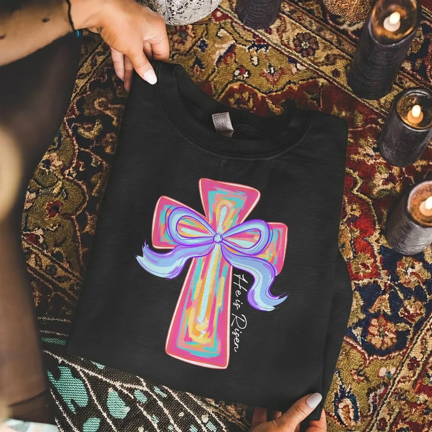 [COMFORT T-SHIRT] He Is Risen Colorful Cross Bow Design – He is Risen - Faith Guided Life