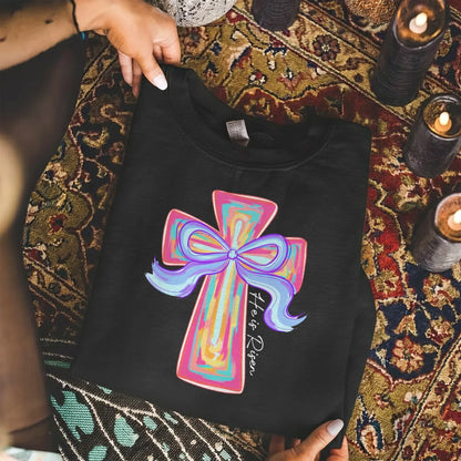[COMFORT T-SHIRT] He Is Risen Colorful Cross Bow Design – He is Risen - Faith Guided Life