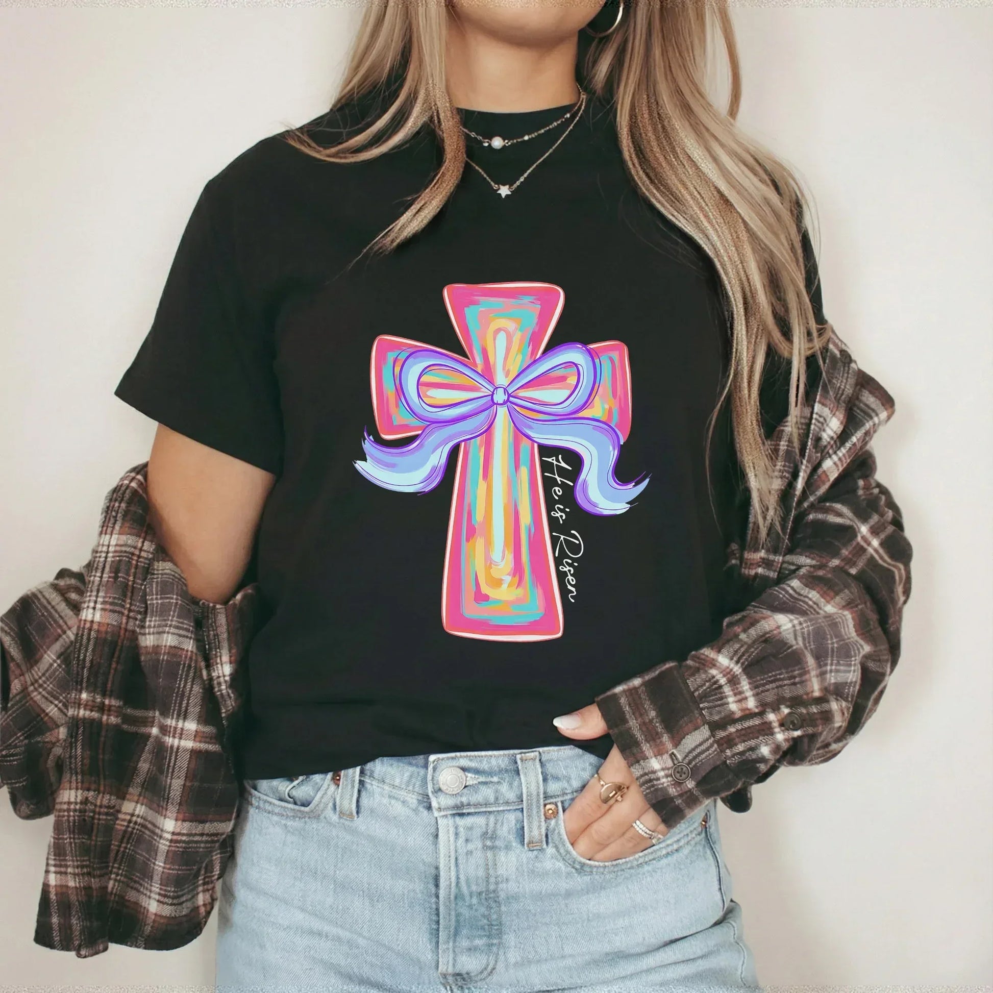 [COMFORT T-SHIRT] He Is Risen Colorful Cross Bow Design – He is Risen - Faith Guided Life