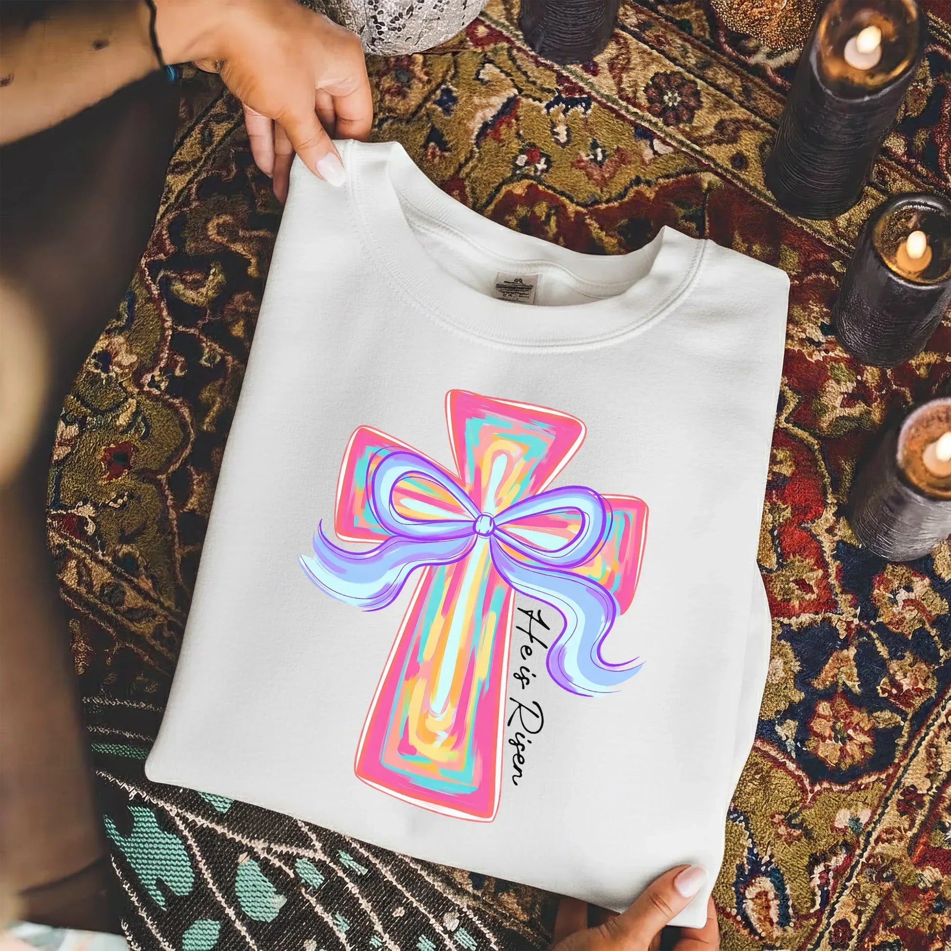 [COMFORT T-SHIRT] He Is Risen Colorful Cross Bow Design – He is Risen - Faith Guided Life