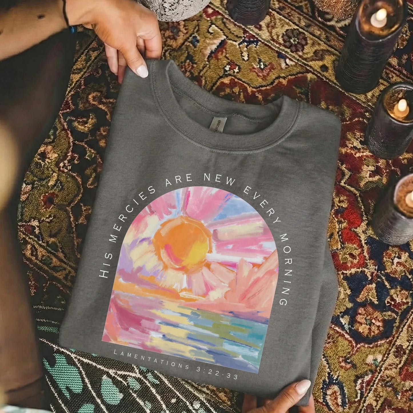 [COMFORT T-SHIRT] His Mercies Are New Every Morning Pastel Sunrise Christian Design - Faith Floral - Faith Guided Life