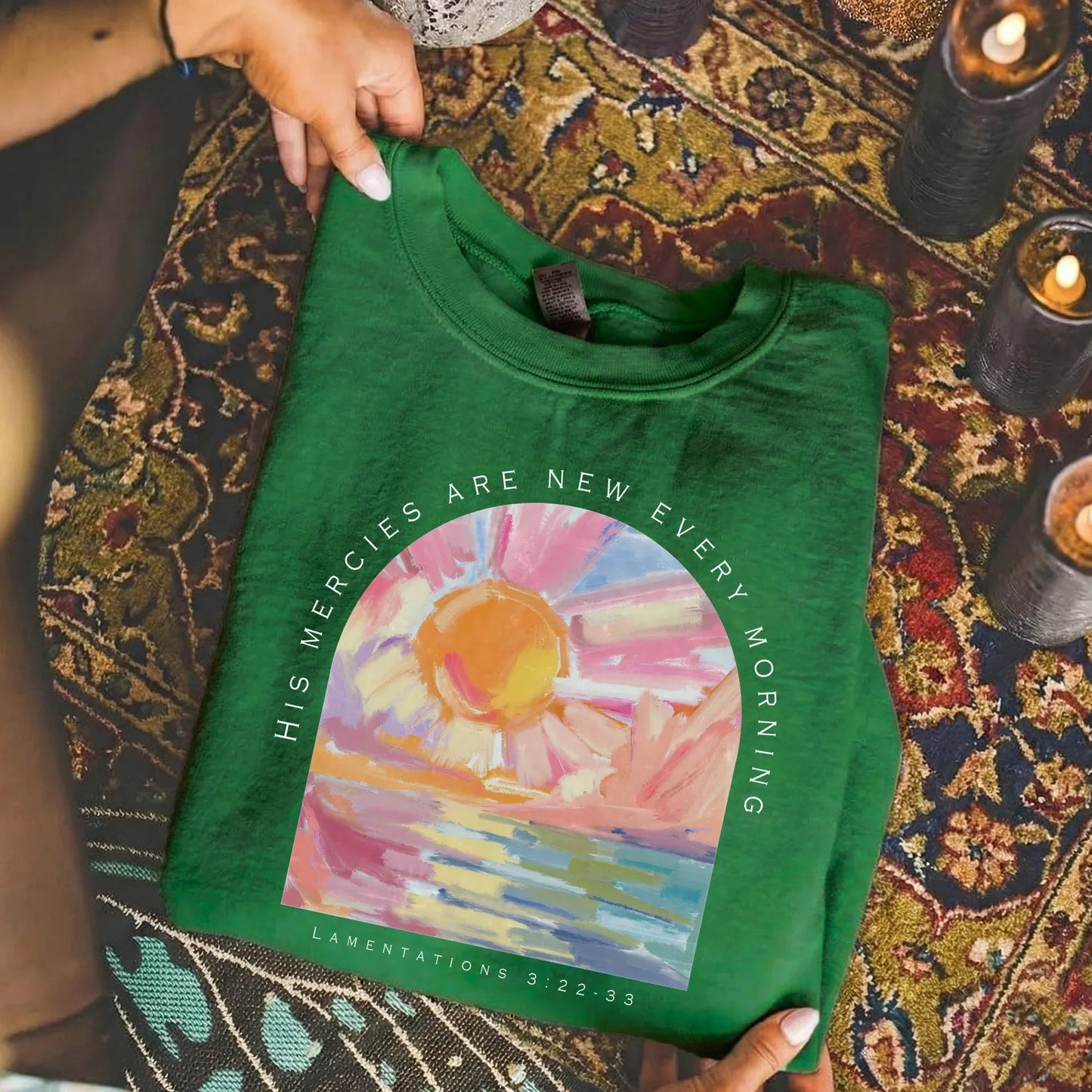 [COMFORT T-SHIRT] His Mercies Are New Every Morning Pastel Sunrise Christian Design - Faith Floral - Faith Guided Life