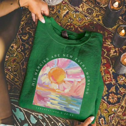 [COMFORT T-SHIRT] His Mercies Are New Every Morning Pastel Sunrise Christian Design - Faith Floral - Faith Guided Life