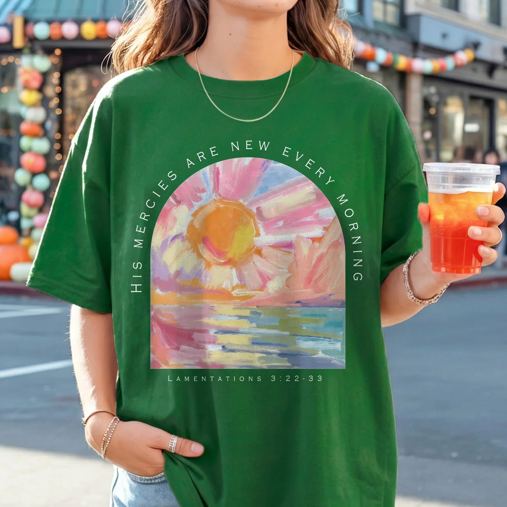[COMFORT T-SHIRT] His Mercies Are New Every Morning Pastel Sunrise Christian Design - Faith Floral - Faith Guided Life
