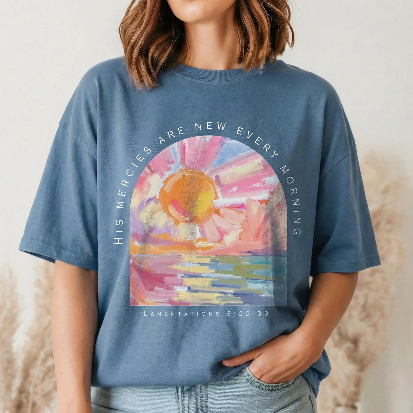 [COMFORT T-SHIRT] His Mercies Are New Every Morning Pastel Sunrise Christian Design - Faith Floral - Faith Guided Life